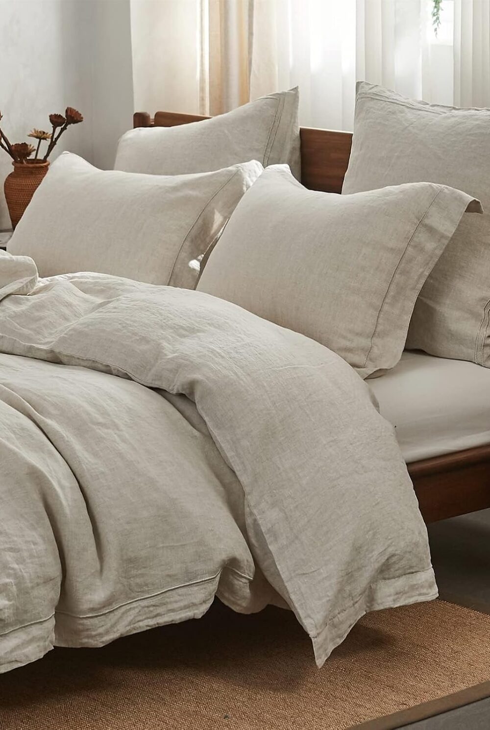 Simple&Opulence 100% French Flax Linen Duvet Cover Set with Embroidery Washed - 3 Pieces (1 Duvet Cover with 2 Pillow Shams) with Button Closure Soft Breathable Farmhouse - Linen, King Size