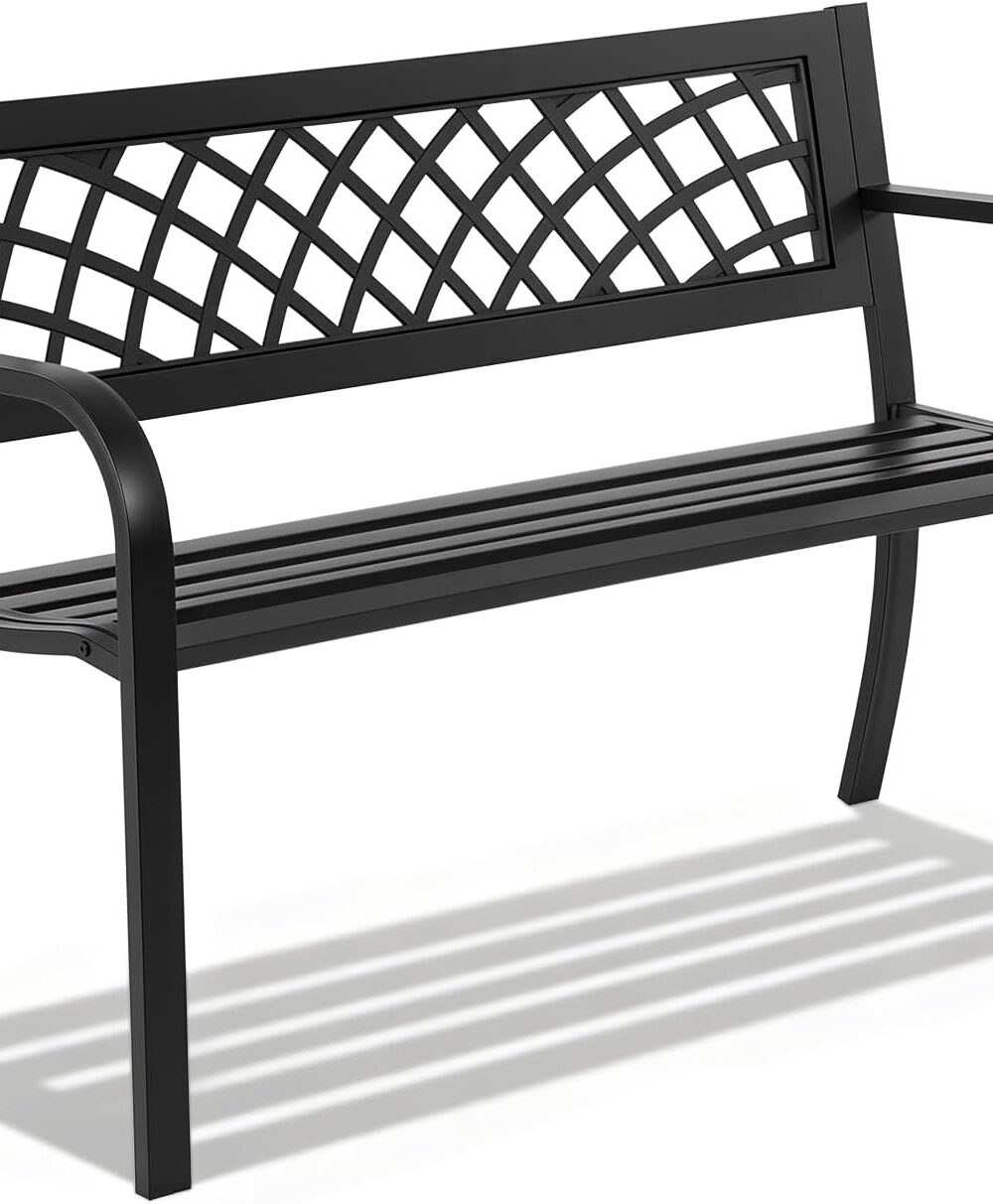 FDW | 46" Outdoor Garden Bench | Black | 480lbs Load Capacity | Heavy Duty Metal Patio Bench with Grid Design | Rust & Weather-Resistant | For Lawn, Yard, Parks, Patio, Porch, Entryway