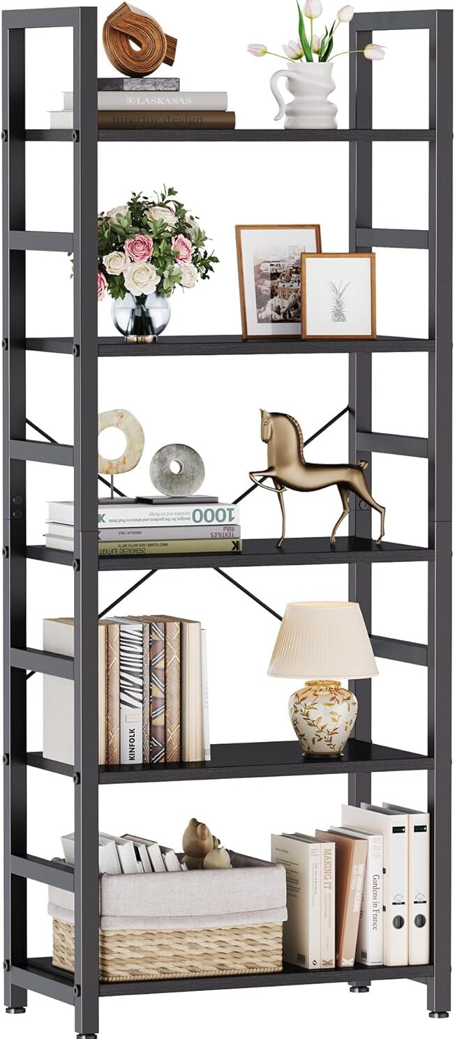 DUMOS 5-Tier Bookshelf, Modern Tall Bookcase Book Shelf | Open Storage Display Shelf for Living Room, Bedroom, Home Office, Narrow Standing Shelving Unit for Books, CDs, Décor Black